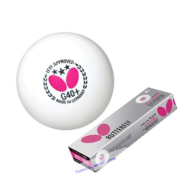 Butterfly G40+ 3-Star Poly Table Tennis Balls-12pk-White-ITTF Approved